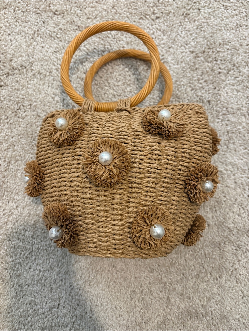 Woven Pearl Pom Pom Tote Bag in Tan